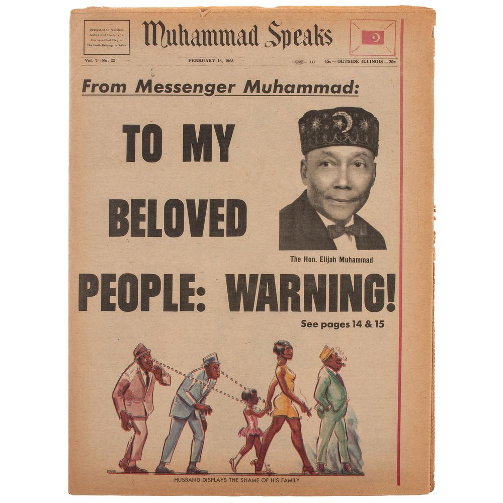 [NATION OF ISLAM]. Muhammad Speaks. Vol. 7, No. 22. 16: [NATION OF ISLAM]. Muhammad Speaks. Vol. 7, No. 22. 16 February 1968. Folio (15 in. tall), 28pp. Thoughts from Elijah Muhammad and others on subjects such as: "What do Muslims Want? What the Muslims B