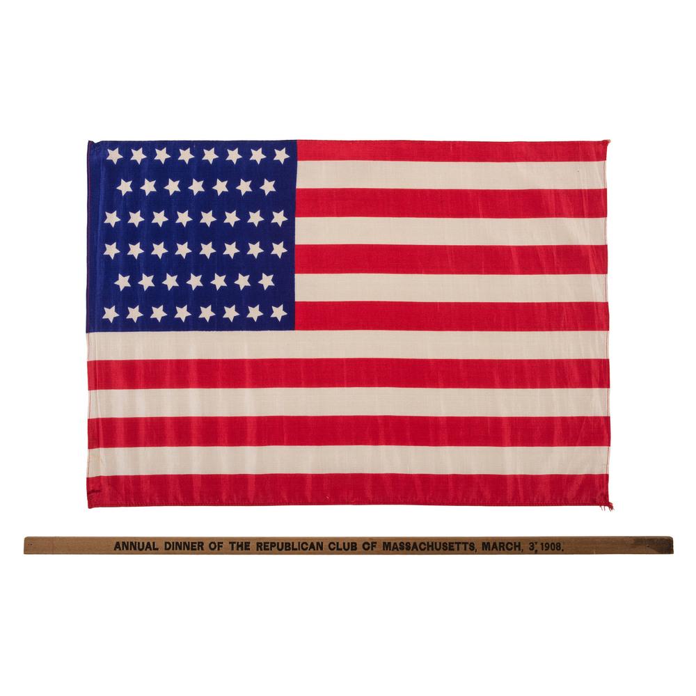 [FLAGS]. 46 and 48-star flags, Incl. 1903 Republican: [FLAGS]. 46 and 48-star flags, Incl. 1903 Republican Dinner flag. Lot of 2 flags. Printed flag on silk, 11.75 x 17 in. Notched pattern. Inscription stamped on original staff reads: "Annual Dinner Of T