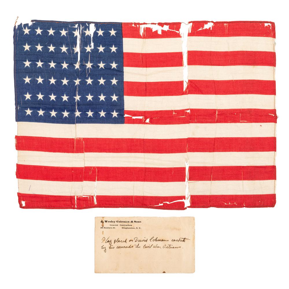 [FLAGS]. 46 and 48-star American flags, incl. Women's: [FLAGS]. 46 and 48-star American flags, incl. Women's Relief Corps funeral flag. Lot of 2 flags. Printed, 46-star flag on silk, 7.5 x 11.5 in. Accompanying note and envelope inscriptions: "This flag w