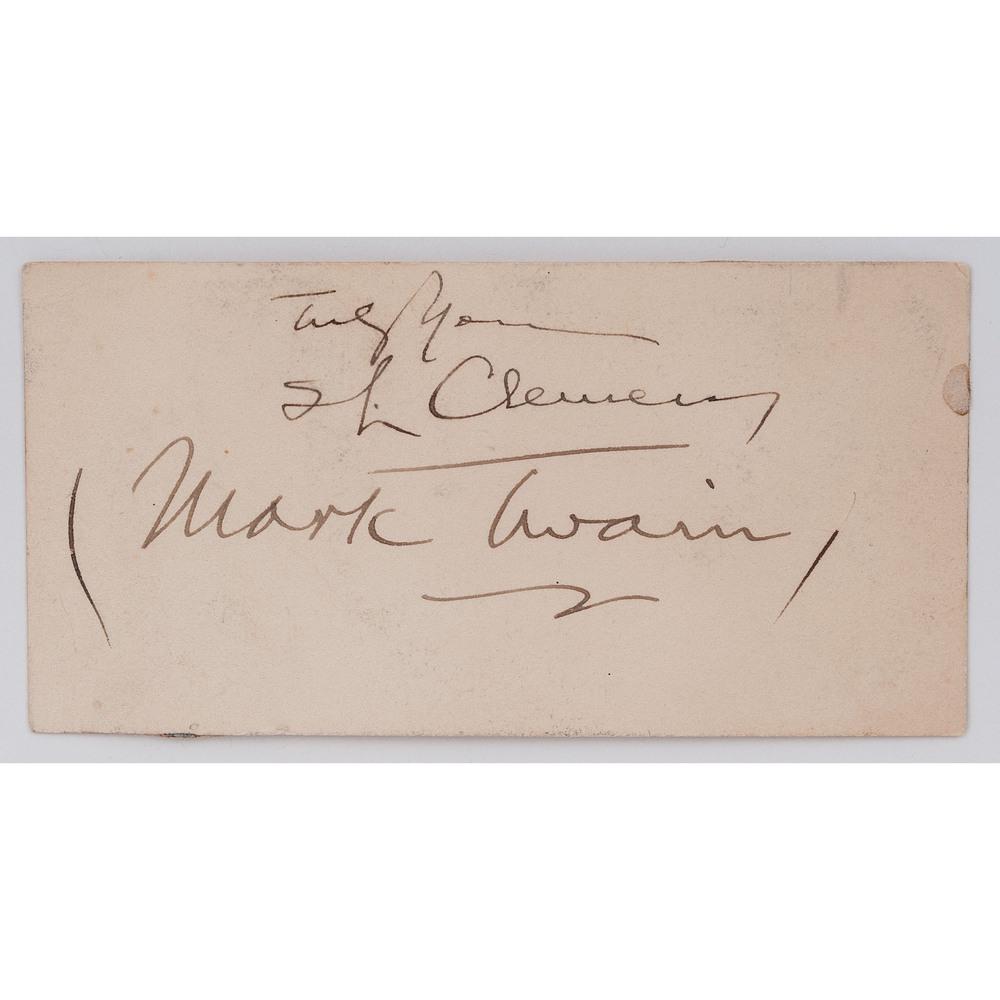 CLEMENS, Samuel Langhorne ("Mark Twain") (1835-1910).: CLEMENS, Samuel Langhorne ("Mark Twain") (1835-1910). Clipped signature ("Truly yours / S.L. Clemens / Mark Twain"), n.d. 3 x 1 1/2 in. signed card (light soiling, residue on verso).
