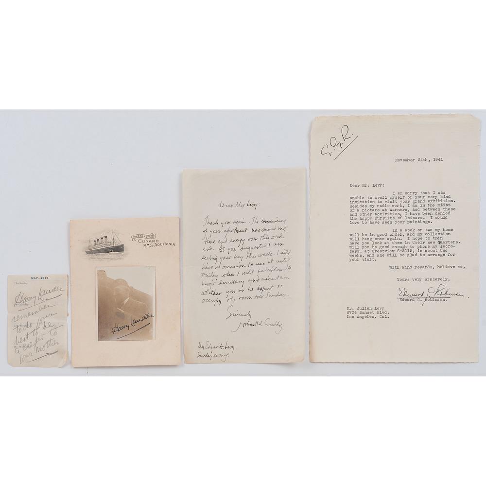 [ACTORS] -- [PRODUCERS]. A group of 22 autographs,: [ACTORS] -- [PRODUCERS]. A group of 22 autographs, incl. Harry LAUDER (1870-1950) and Edward G. ROBINSON (1893-1973). LAUDER, Harry (1870-1950). Scottish singer and comedian. May 1917 ANS, plus signed