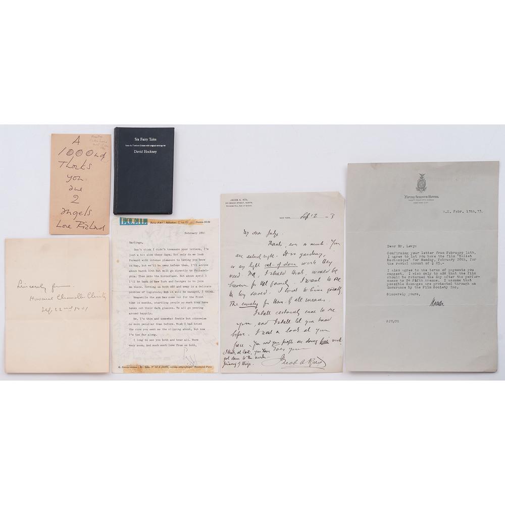 [ARTISTS]. A group of 5 items, incl. autographs of: [ARTISTS]. A group of 5 items, incl. autographs of Jacob RIIS, Howard Chandler CHRISTY, and Frederick John KIESLER. Together, 6 items. CHRISTY, Howard Chandler (1872-1952). Artist and illustrator. I