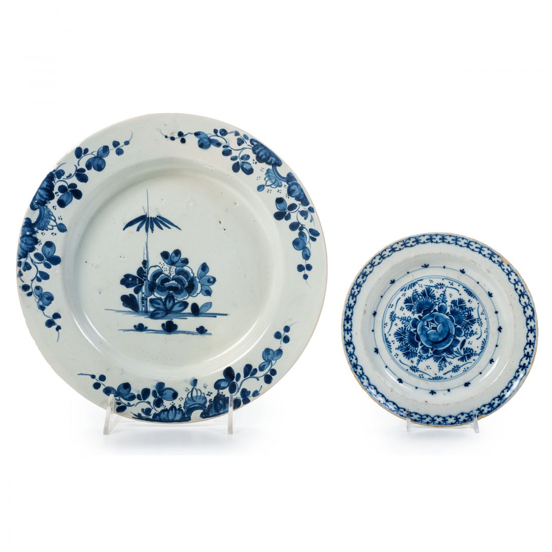 An English Delftware Chinoiserie Charger and Plate: An English Delftware Chinoiserie Charger and Plate 18th Century Diameter of charger 12 3/8 inches. Diameter of plate 7 3/4 inches.