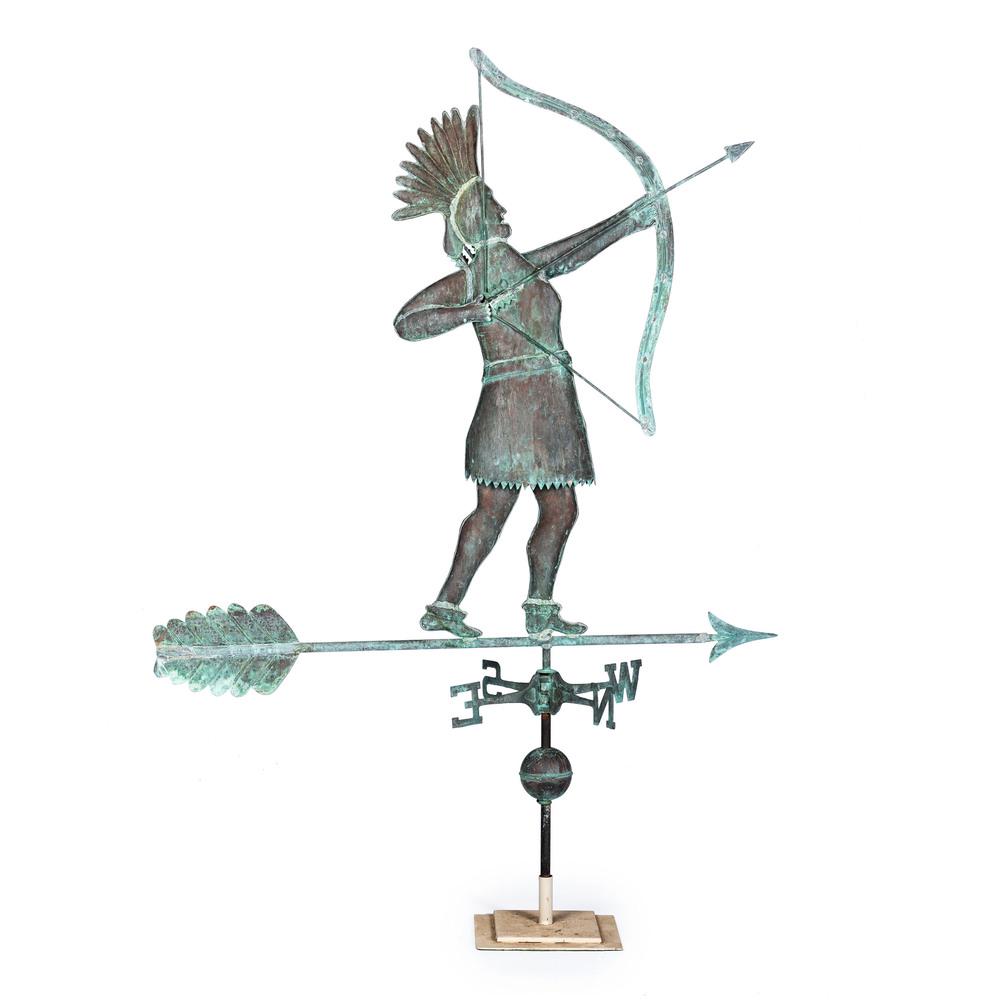 A Large Molded Copper Shooting Indian Weathervane: A Large Molded Copper Shooting Indian Weathervane 20th Century Height 47 3/4 inches. Property from the Estate of James A. Sanders, Evansville, IndianaHindman is honored to present property from the 