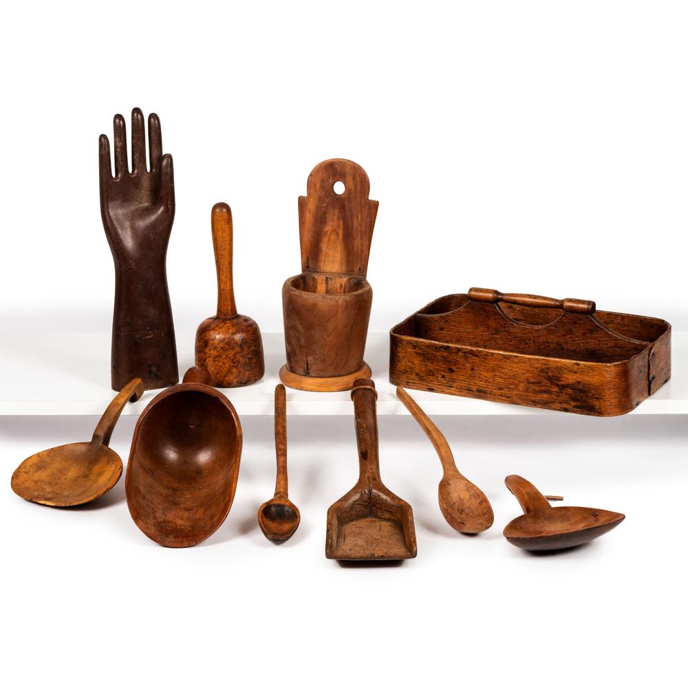 Ten Carved Wooden Articles: Ten Carved Wooden Articles 19th/Early 20th Century including six scoops/spoons, a burlwood pestle, a cutlery tray, a wall pocket, and a glove mold stenciled R8. Length of tray 13 x width 8 1/2 inches.