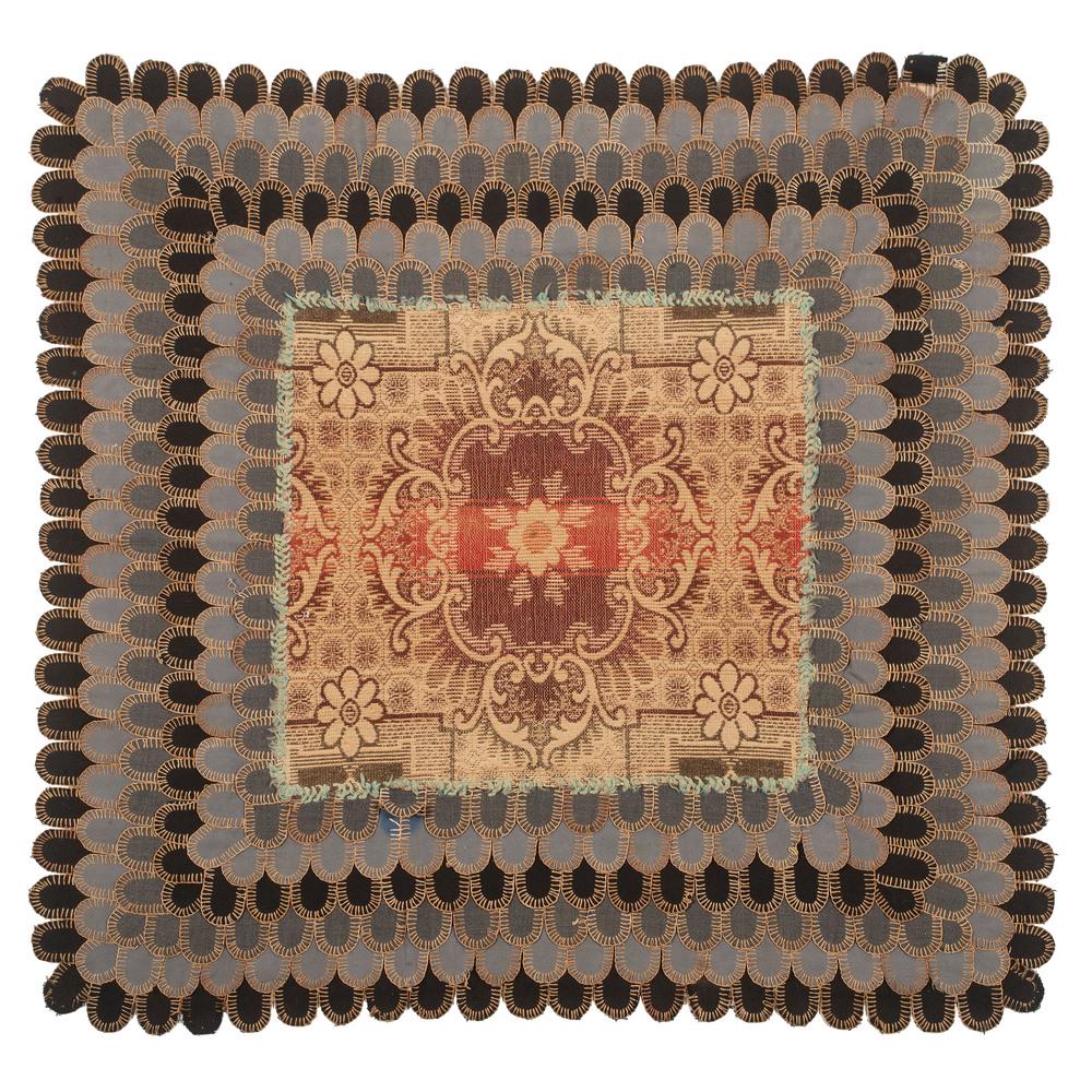 A Rare Pieced and Woven Table Covering, Circa 1820: A Rare Pieced and Woven Table Covering, Circa 1820 with a woven coverlet fragment central panel and layered, pieced border. 48 x 46 inches. Property from the Estate of James A. Sanders, Evansville, In