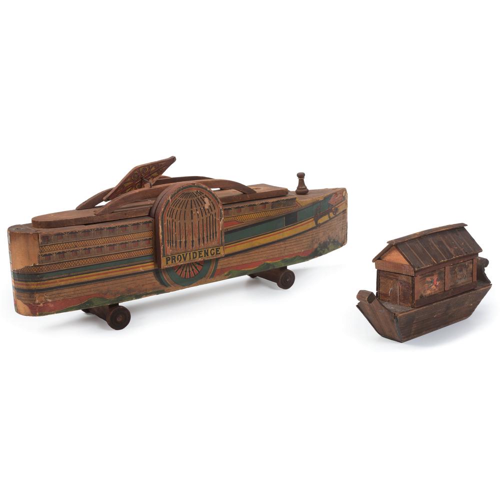 Two Wooden Boat Toys, Including a Providence: Two Wooden Boat Toys, Including a Providence Lithograph-Decorated Pull Toy by W. S. Reed Late 19th Century Length of longer boat 18 inches. Property from the Estate of James A. Sanders, Evansville, In