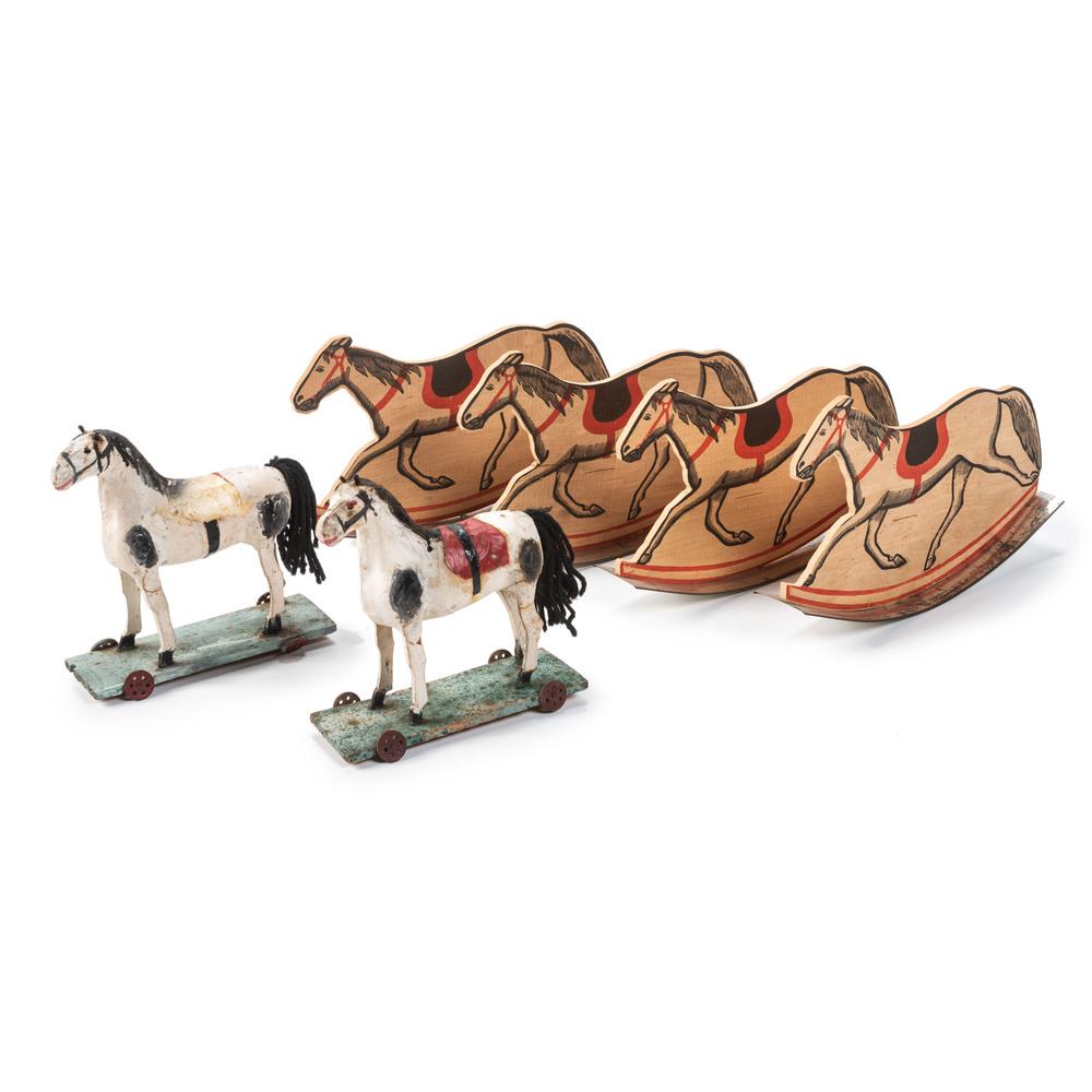 Six Wooden Horse Toys: Six Wooden Horse Toys American, 20th Century comprising two painted horse pull toys and four miniature rocking horses. Height of largest 6 3/4 inches. Property from the Estate of James A. Sanders, Ev