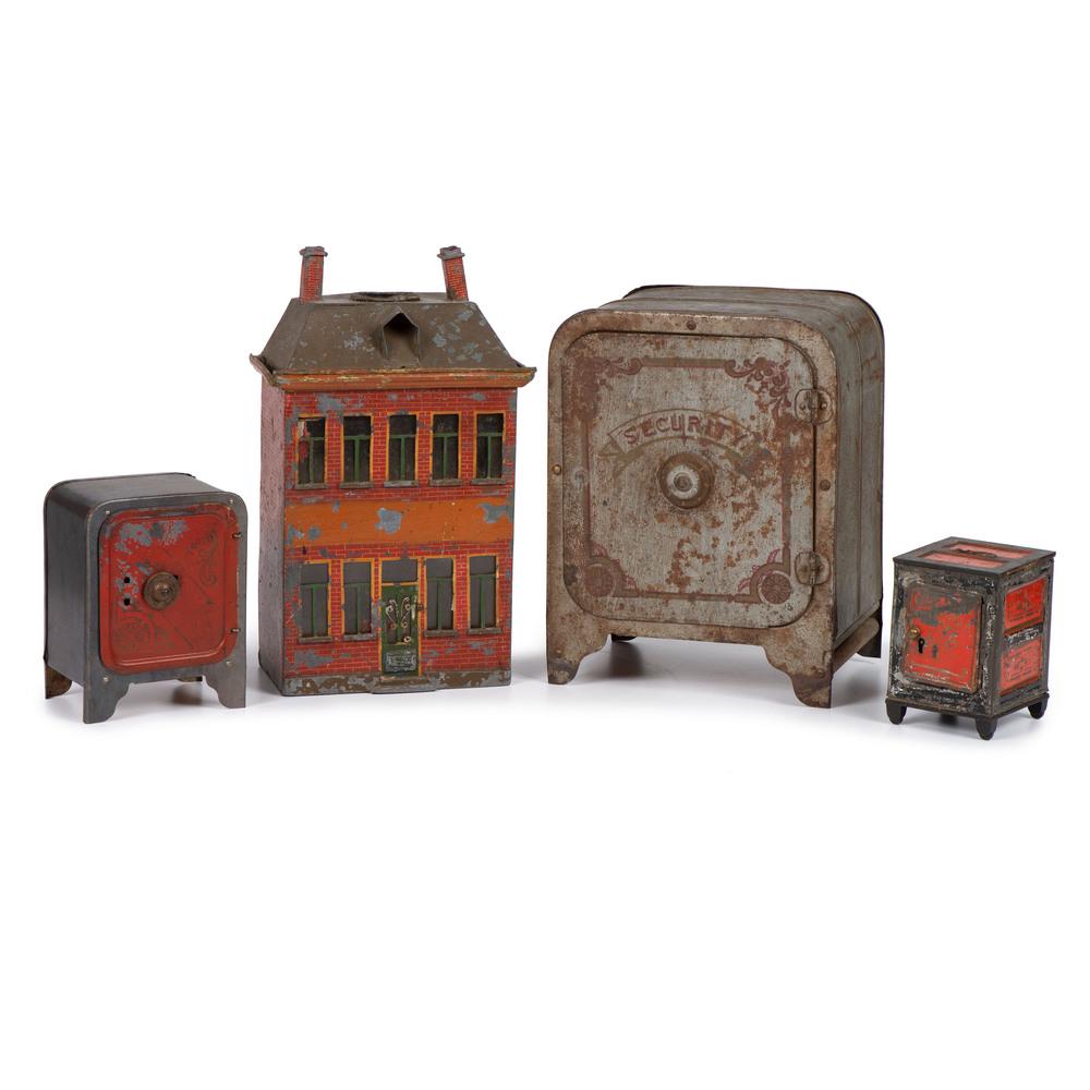Three Tin Banks and a Toy Safe: Three Tin Banks and a Toy Safe Early 20th Century including painted tin safe-form banks and a doll house-form bank. Height of largest 13 1/4 inches. Property from the Estate of James A. Sanders, Evans
