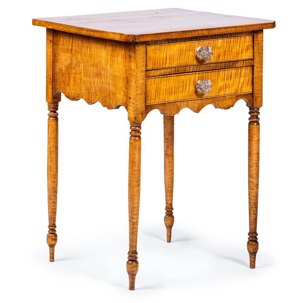 A Late Federal Tiger Maple Work Table, likely: A Late Federal Tiger Maple Work Table, likely Connecticut, Circa 1830 with later glass drawer pulls. Height 30 1/4 x width 22 1/4 x depth 21 3/4 inches. Property from the Estate of James A. Sanders, E