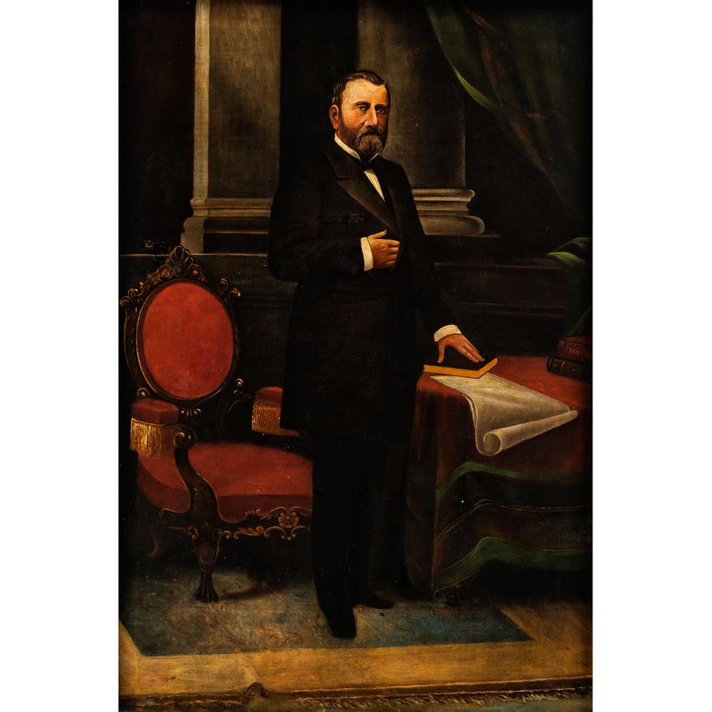 American School, Late 19th Century: American School, Late 19th Century Portrait of Ulysses Grant oil on canvas 37 1/4 x 25 1/4 inches. Property from the Estate of James A. Sanders, Evansville, IndianaHindman is honored to present proper