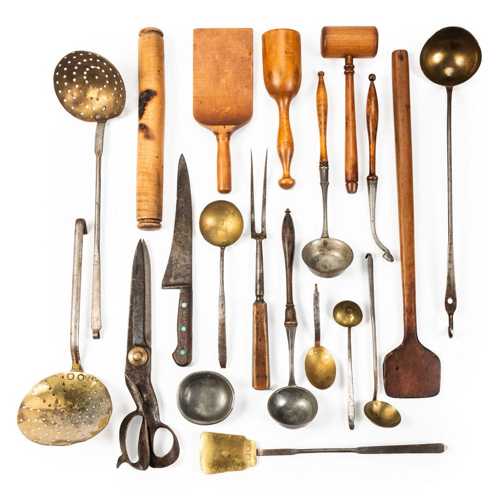 Nineteen Turned Wood and Iron Kitchen Tools: Nineteen Turned Wood and Iron Kitchen Tools 19th/20th Century including a pestle, rolling pin, spoons and ladles. Length of longest 24 3/4 inches. Property from the Estate of James A. Sanders, Evansvi