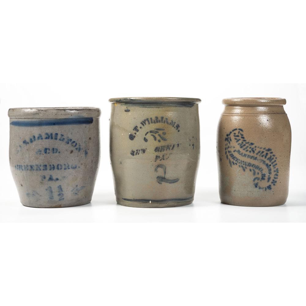 Three Western Pennsylvania Stoneware Jars: Three Western Pennsylvania Stoneware Jars 19th Century one stenciled R.T. Williams with freehand two-gallon capacity mark, one stenciled Jas. Hamilton / & Co. / Greensboro. / PA. with stenciled cap