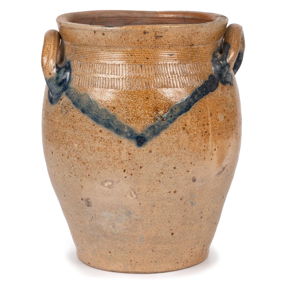 A Cobalt Decorated New Jersey Stoneware Jar, Attributed: A Cobalt Decorated New Jersey Stoneware Jar, Attributed to Warne and Letts Late 18th/Early 19th Century unmarked. with two applied handles, tooled neck, the body having two cobalt-glazed chevrons join