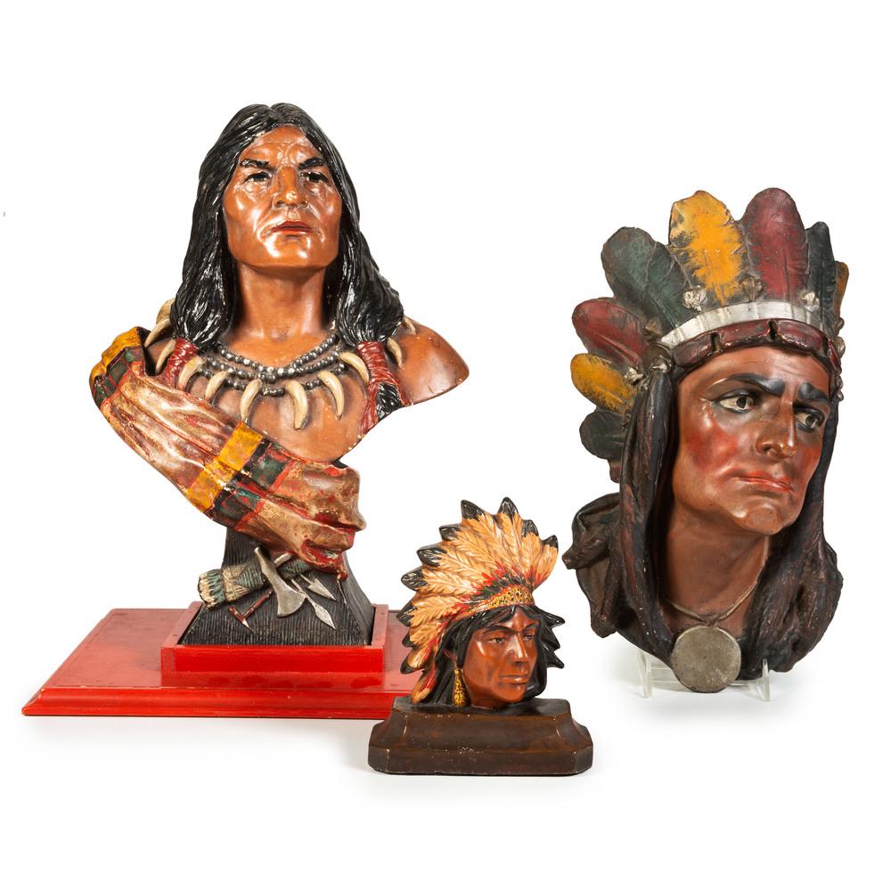 Three Painted Molded Plaster Cigar Store Indian Busts: Three Painted Molded Plaster Cigar Store Indian Busts 20th Century one inscribed on back Copyright 1900 / The Bailey Co. Height of largest 18 1/2 inches.