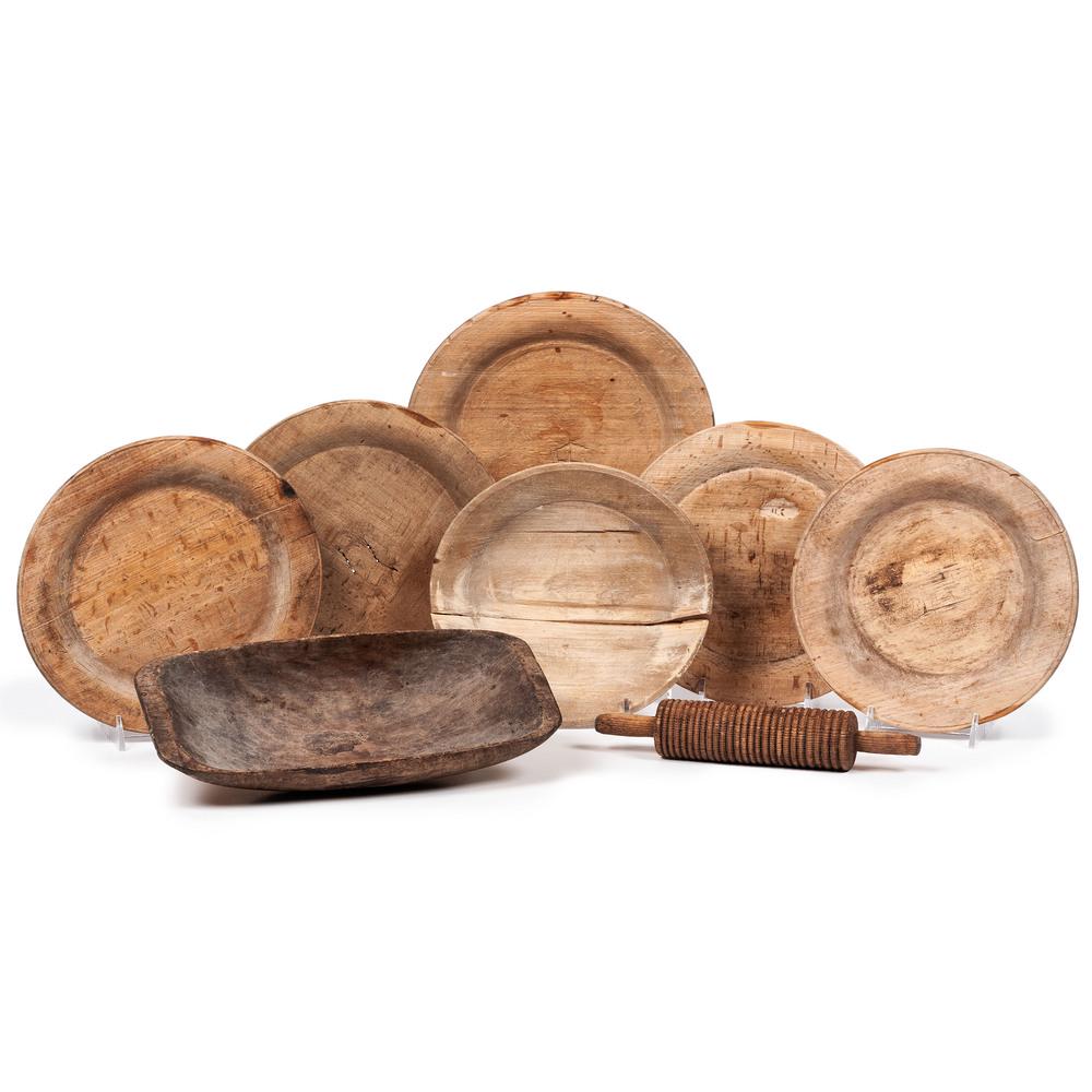 Six Wooden Plates, a Lefse Rolling Pin and Trencher: Six Wooden Plates, a Rolling Pin and Trencher three plates stamped HB to underside, one stamped OBS, one W and one AA. Diameter of largest plate 7 3/4 inches. Length of trencher 9 1/2 inches. Pr
