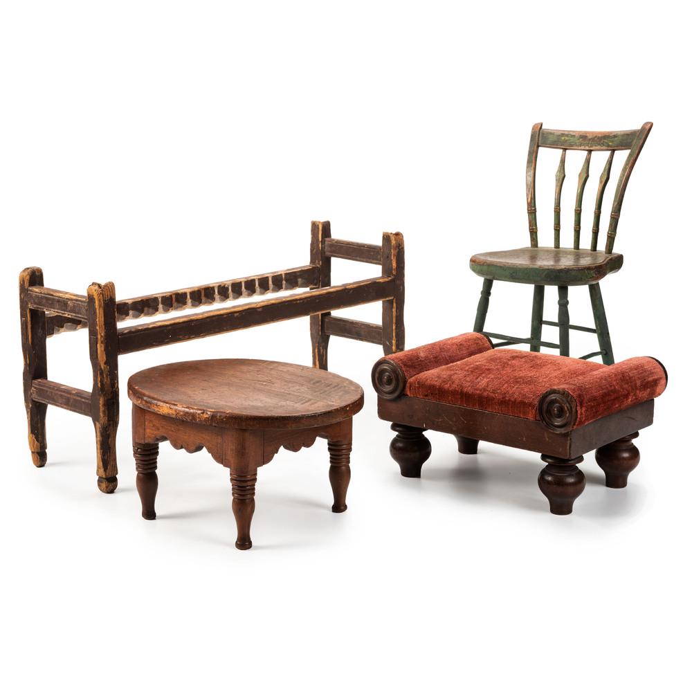 Four Pieces of Miniature Furniture: Four Pieces of Miniature Furniture including a bed, bench, table and chair. Height of bed 10 3/4 x length 23 x width 7 1/2 inches. Property of the late Karen Tosterud, Bellaire, Michigan We are please