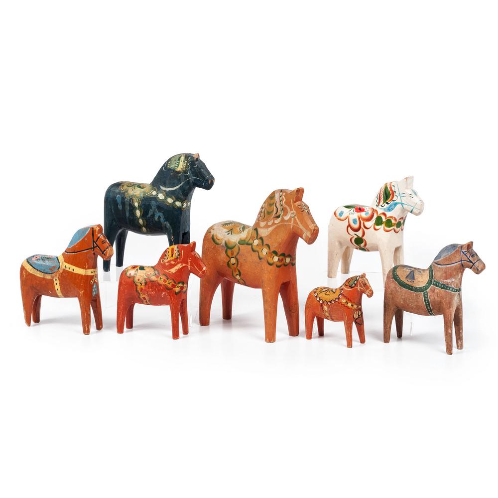 Seven Swedish Dala Horses: Seven Swedish Dala Horses with traditional floral and bridle paint decoration. Height of largest 8 1/4 x length 7 1/2 x width 2 3/4 inches. Property of the late Karen Tosterud, Bellaire, Michigan We a