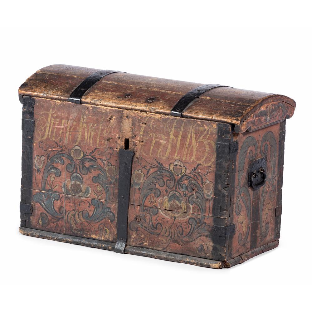 A Scandinavian Domed Top Painted Trunk: A Scandinavian Domed Top Painted Trunk 19th Century with iron fittings, painted on all sides and interior lid. signed and dated 1835. Height 19 1/2 x width 29 1/2 x depth 14 3/4 inches. Property of th