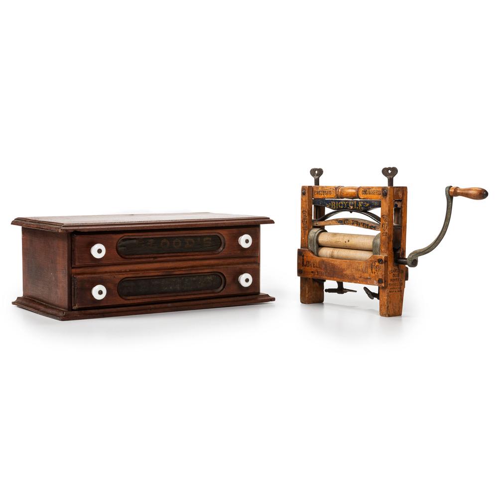 A Lovell's Wringer Washer and Blood's Needle Display...: A Lovell's Wringer Washer and Blood's Needle Display Case in Walnut Early 20th Century Height of display case 5 x width 13 1/2 x depth 7 1/4 inches. Property of the late Karen Tosterud, Bellaire, Mich
