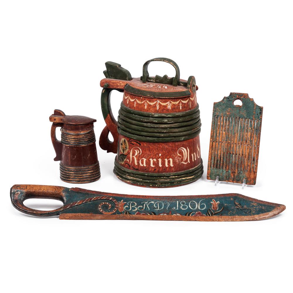 Four Scandinavian Paint Decorated Wooden Wares: Four Scandinavian Paint Decorated Wooden Wares including one lidded pitcher dated 1854, one tankard dated 1831, one knife dated 1806 and a paddle with heart cut-out dated 1815. Height of pitcher (with