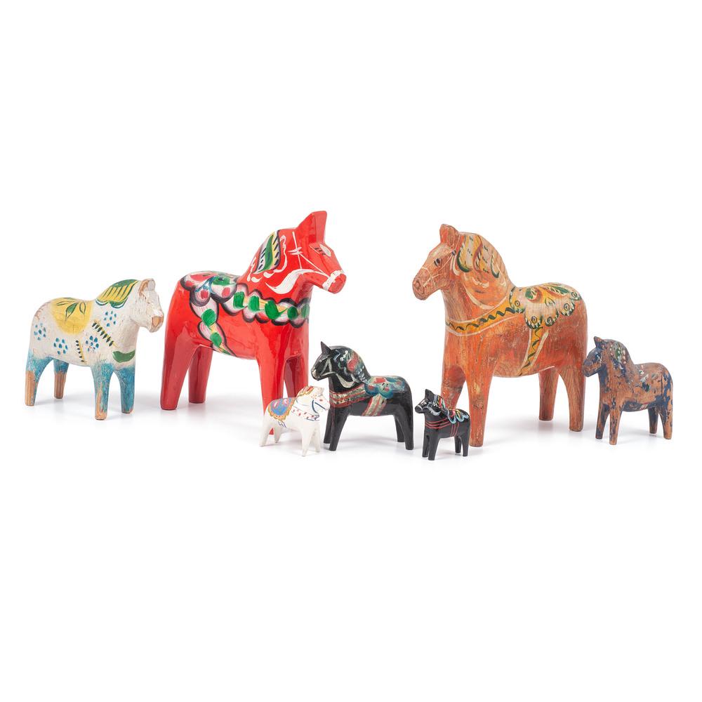 Seven Swedish Dala Horses: Seven Swedish Dala Horses with traditional floral and bridle paint decoration. one retaining label for Akta / Dalahemslojd /Tillv GA.Olsoon / Nesnas, Mora, Sweden. Height of largest 6 x length 5 3/4 x