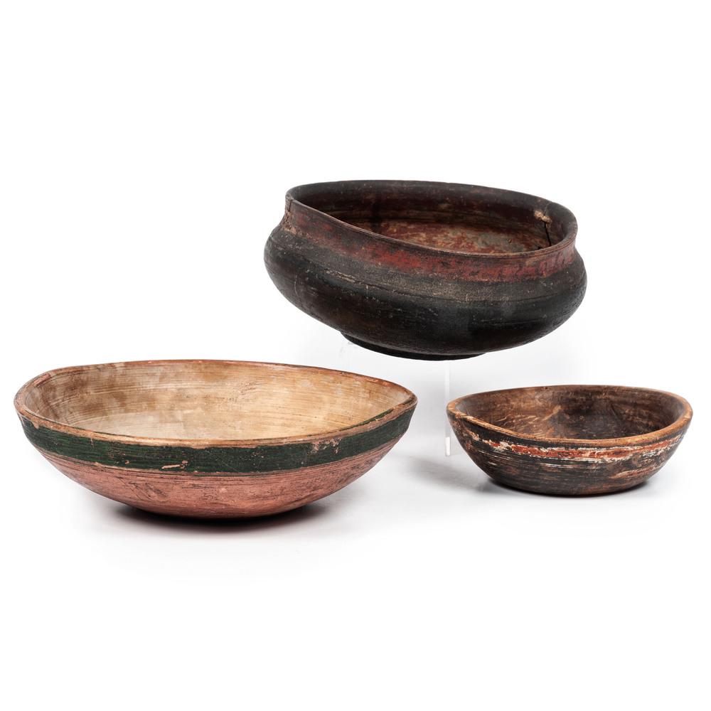 Three Scandinavian Turned and Painted Bowls: Three Scandinavian Turned and Painted Bowls including one ale bowl, all paint decorated. Height of ale bowl 4 x diameter 8 1/2 inches. Property of the late Karen Tosterud, Bellaire, Michigan We are pl