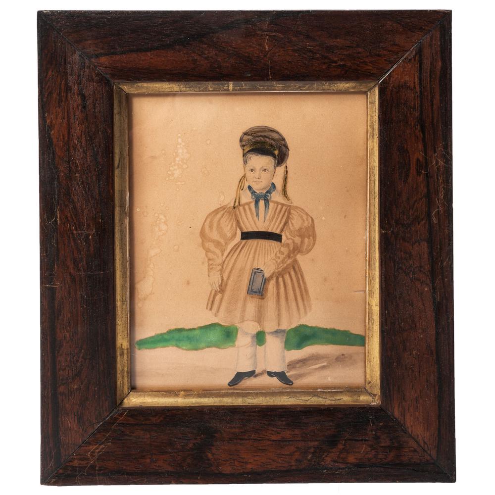 An Ohio Watercolor Portrait of a Child, Circa 1830: An Ohio Watercolor Portrait of a Child, Circa 1830 with two inscriptions to verso: George Finch Age 9 yrs and Portraite (sic) / of George Finch / Ohio / Drawn / By / RW Barnes / Jan. 1830. in mahogany