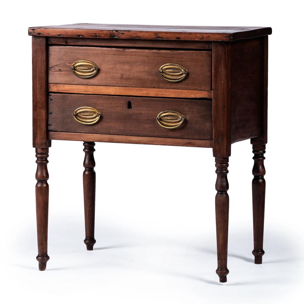 A Late Federal Stained Cherrywood Two-Drawer Sugar: A Late Federal Stained Cherrywood Two-Drawer Sugar Table, Tennessee, Circa 1825 top drawer with three dividers. includes a pair of iron sugar nippers. Height 28 3/4 x width 24 1/4 x depth 16 1/2 inche