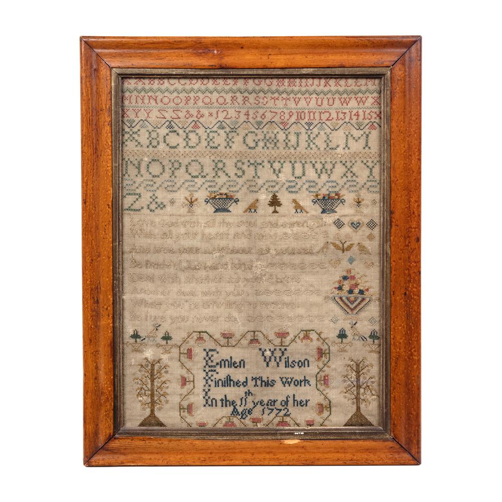 An English Embroidered Needlework Sampler, Emlen: An English Embroidered Needlework Sampler, Emlen Wilson, 1772 depicting birds, baskets and foliage, bearing the verse: Love God with all thy soul and strength / with all your heart and mind / and lov