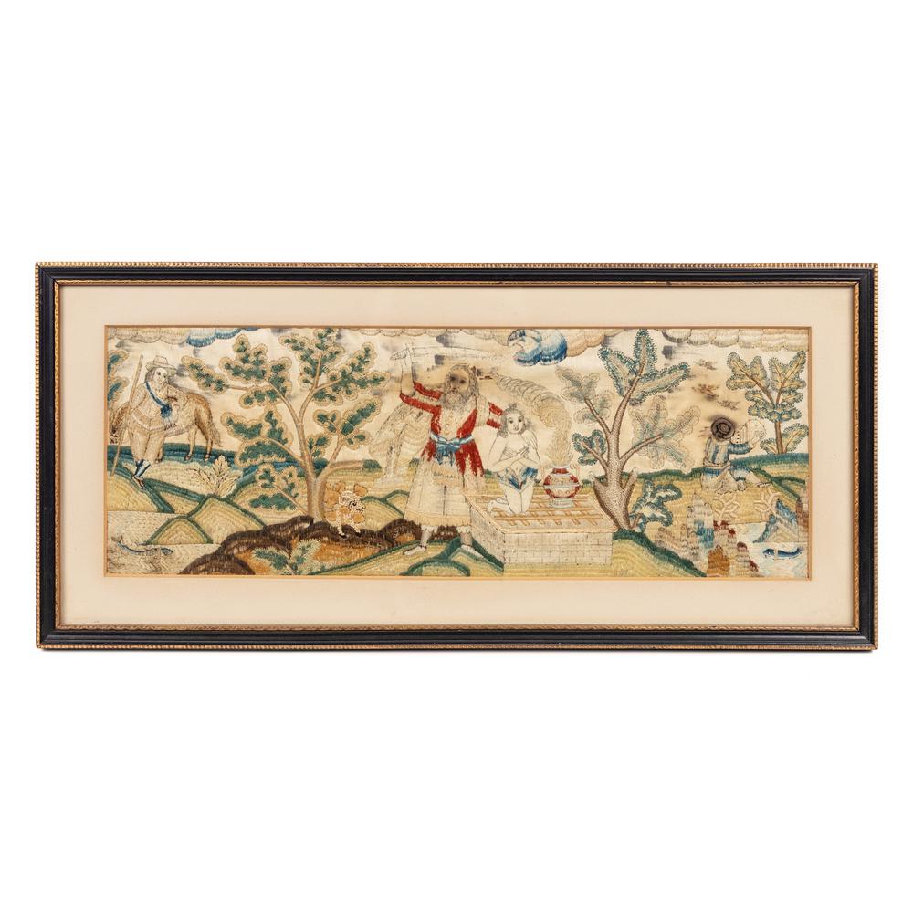 An English Silkwork Embroidery: An English Silkwork Embroidery 18th/19th Century depicting Abraham preparing to sacrifice Isaac, in a rural setting with figures and animals in the background. 6 x 16 3/4 inches.