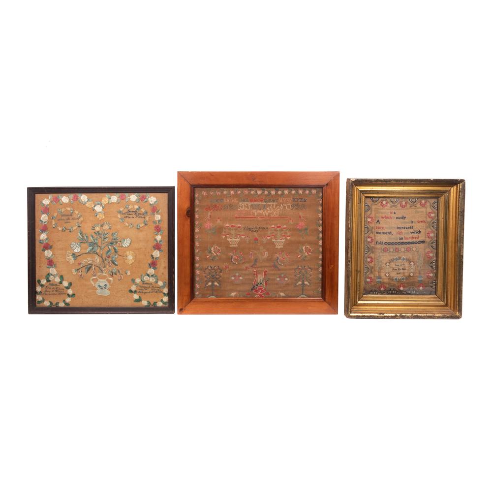 Three American Embroidered Schoolgirl's Needlepoint: Three American Embroidered Schoolgirl's Needlepoint Samplers Early 19th Century comprising a family panel of various members of a Kinsey family, worked by Alicia M. Kinsey in 1846; another depicting v