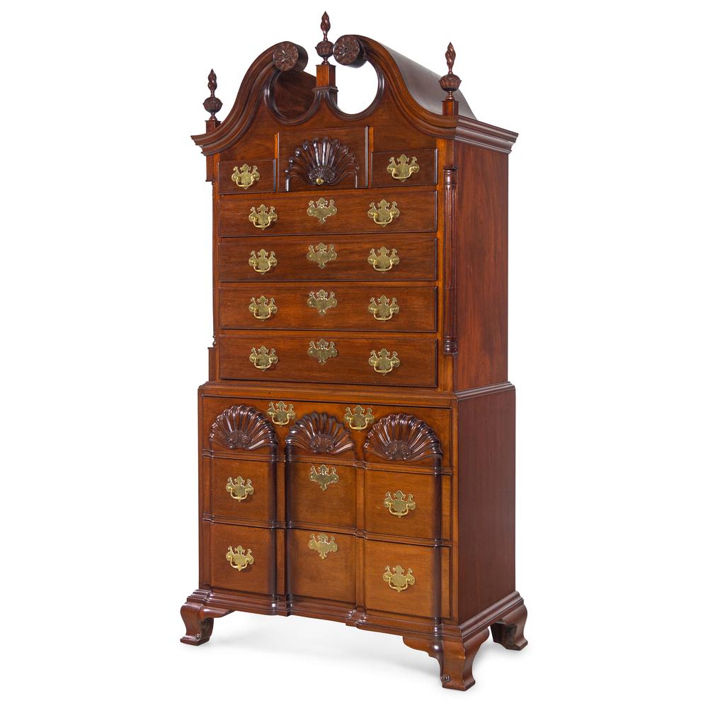 A Chippendale Style Shell-and-Block Carved Mahogany: A Chippendale Style Shell-and-Block Carved Mahogany Chest-on-Chest by Master Cabinet Maker John Gaar Jr. (1913-2001) the inside of the top drawer in the lower case is inscribed John Gaar Jr. / Cabinet