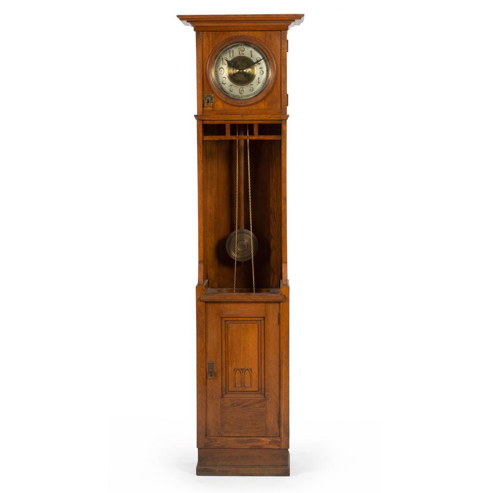 A Gustav Becker Arts and Crafts Oak Tall Case Clock: A Gustav Becker Arts and Crafts Oak Tall Case Clock Circa 1900 Height 80 x width 21 x depth 12 inches.