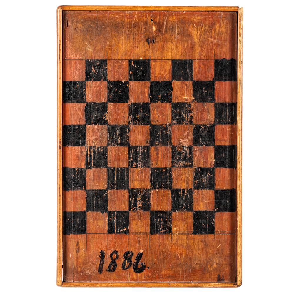 A Folk Art Painted Checkerboard, Circa 1886: A Folk Art Painted Checkerboard, Circa 1886 Height 22 x width 15 x depth 1 3/4 inches.