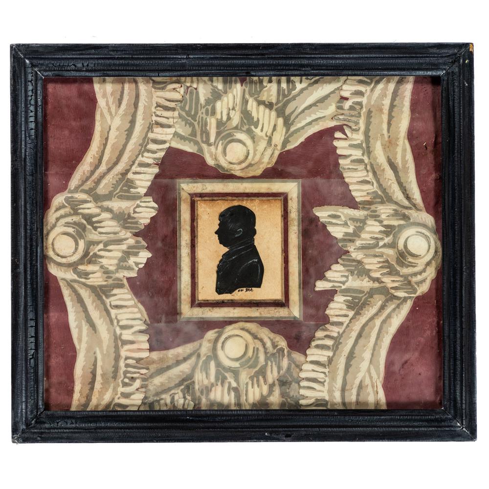 A Philadelphia Cut Paper and Gouache Decorated: A Philadelphia Cut Paper and Gouache Decorated Silhouette with Collaged Wallpaper Mat, Circa 1825 initialed J.H.A. and dated to lower right of silhouette. matted with collaged pieces of swag and tas