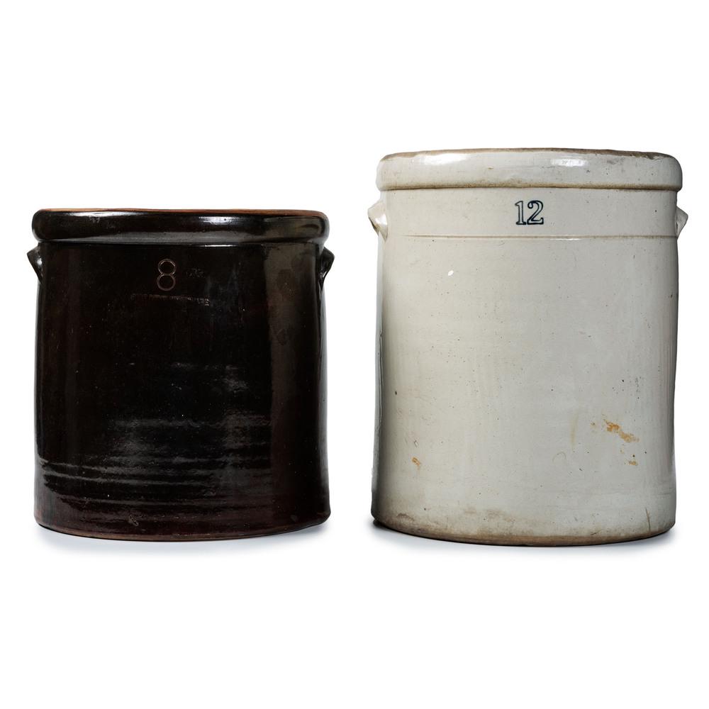Two Stoneware Crocks: Two Stoneware Crocks American, 19th Century one having stamp of Fort Dodge Stoneware surmounted by eight-gallon capacity mark, and the other having a cobalt stenciled twelve-gallon capacity mark abov