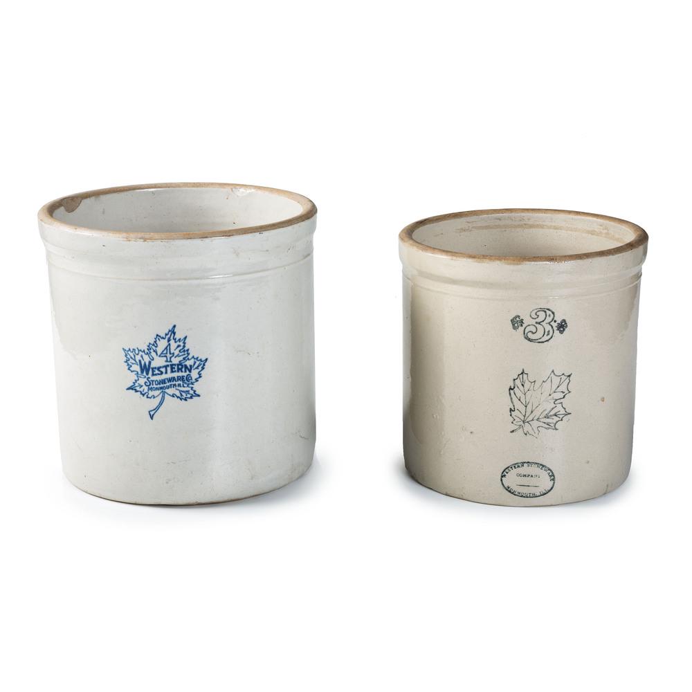 Two Western Stoneware Crocks: Two Western Stoneware Crocks Monmouth, Illinois, 20th Century each marked with glazed maple leaf, one having a stenciled three-gallon capacity mark above and mark of Western Stoneware / Company / Mo