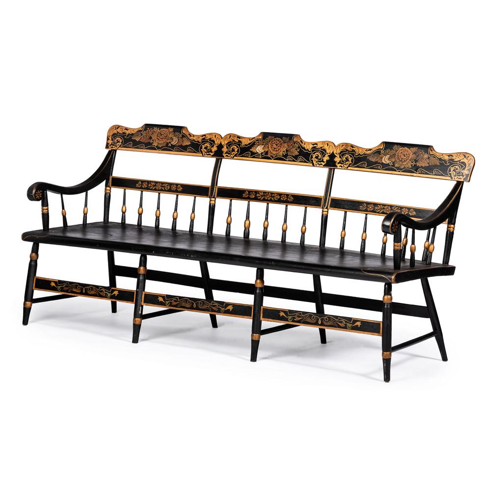 A Classical Parcel Gilt and Black Painted Hitchcock: A Classical Parcel Gilt and Black Painted Hitchcock Settle Bench 19th century and later stencil decoration is later. Height 36 1/4 x width 76 1/2 inches.