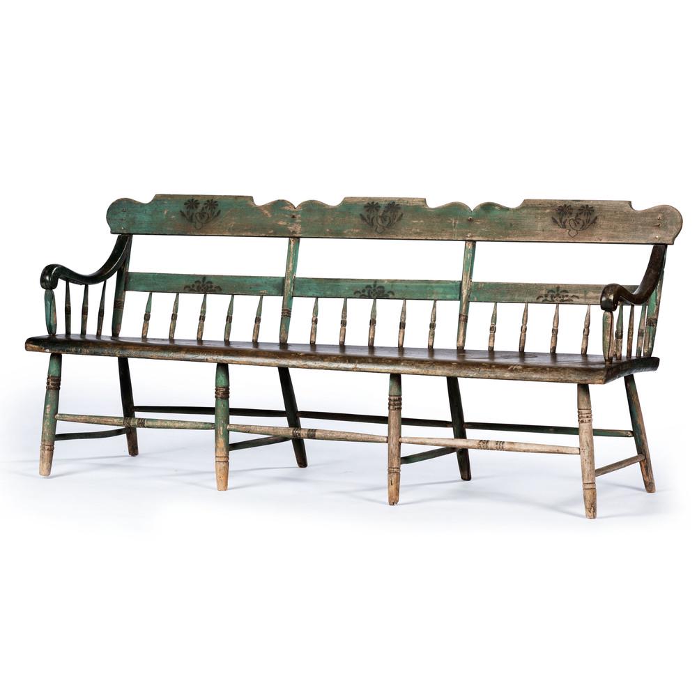 A Classical Stenciled and Green Paint Decorated Windsor: A Classical Stenciled and Green Paint Decorated Windsor Bench 19th Century Height 33 1/2 x width 74 1/2 inches.
