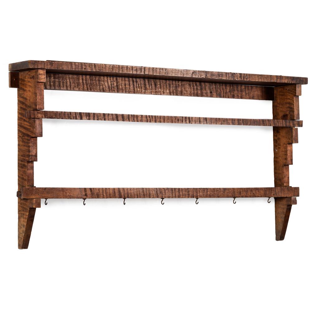 A Country Tiger Maple Tiered Shelf, Circa 1910: A Country Tiger Maple Tiered Shelf, Circa 1910 with hanging hooks. Height 21 1/2 x width 41 3/4 x depth 5 inches.