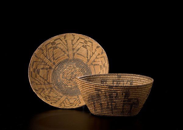 Pima Baskets : Pima Baskets, lot of 2, includes one with angular designs reminiscent of insects, diameter 15" x height 4.5" AND another designed with lizards and horses, height 6.5" x width 13.25".