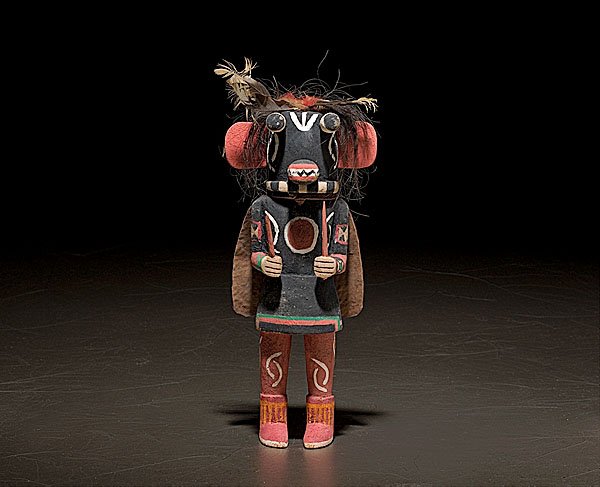Hopi Chaveyo Katsina : Hopi Chaveyo Katsina, dressed to scare children, with knife in hand, bug eyes, and hide cape, height 11.5". second quarter 20th century