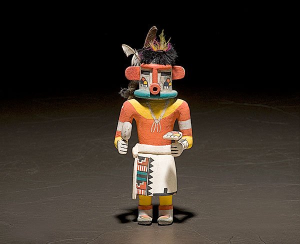 Hopi Heheya Katsina : Hopi Heheya Katsina, with rainclouds on cheeks and rattle and spade in hand, height 8.5". second quarter 20th century
