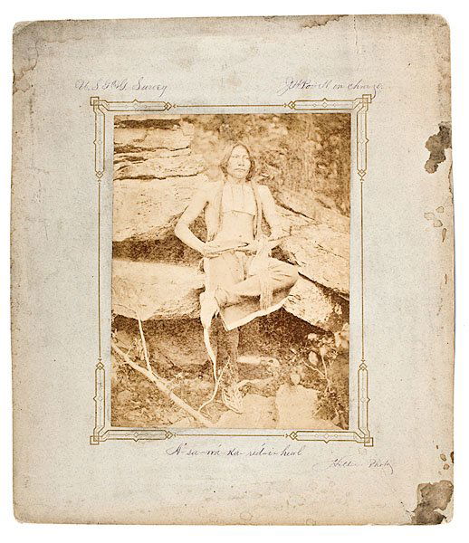 John K. Hillers Photograph of Starving Elk, Cheyen: John K. Hillers Photograph of Starving Elk, Cheyenne, albumen print on gold decorated mount with inscriptions in purple ink, U.S.G. and G. Survey, J.W. Powell in charge, the subject identified as A-sa