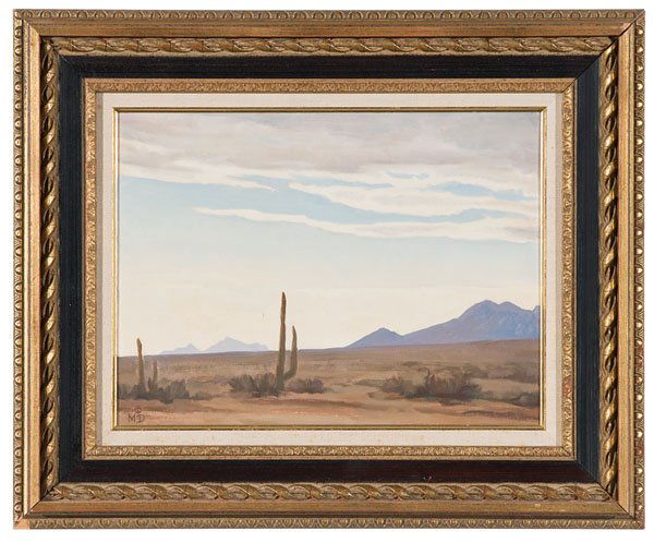 Maynard Dixon (American, 1875-1946), : Maynard Dixon (American, 1875-1946), Desert Sky at Evening, Arizona oil on board with pencil sketch on verso titled, dated and with artist's name on verso (written by Dixon's wife) 16" x 12". While th