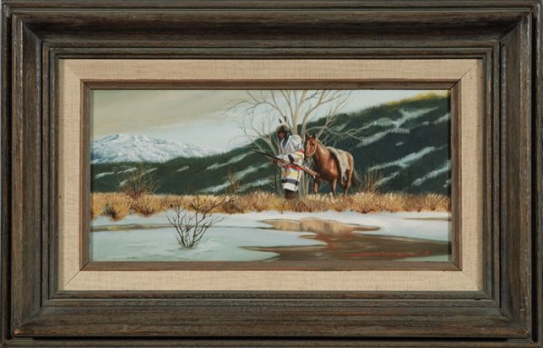 John Cox (American, b. 1947), : John Cox (American, b. 1947), Indian and Mount oil on masonite signed l.r. 5.5" x 11.5"