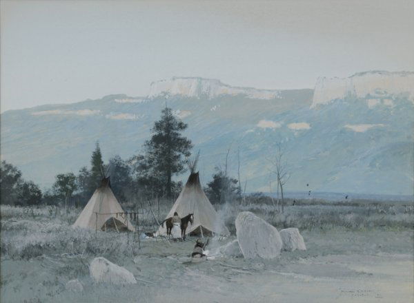 Michael Coleman (American, b. 1946), : Michael Coleman (American, b. 1946), Crow Encampment watercolor on paper signed l.r. 11.5" x 15" Included with this lot is a catalogue from Kennedy Galleries, Michael Coleman: Paintings of Indian Life