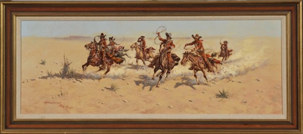 John Wade Hampton (American, 1918-1999), : John Wade Hampton (American, 1918-1999), On the Run oil on canvas signed and dated 1961 l.l. 18" x 48" Ex Property Reserve National Insurance Company, Oklahoma City, OK