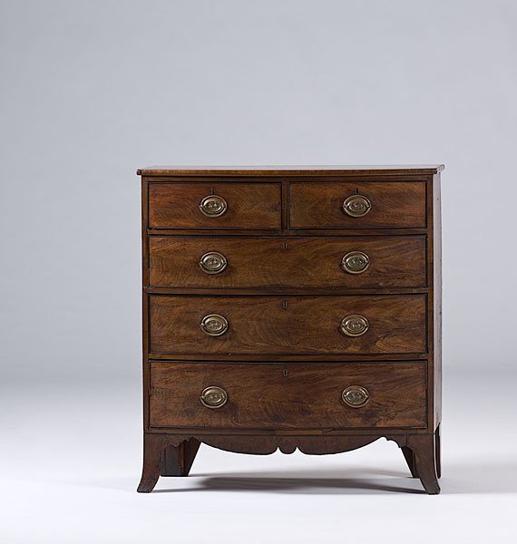 English Bowfront Chest of Drawers, : English Bowfront Chest of Drawers, Hepplewhite bowfront chest of drawers, ca 1800-1810. Mahogany case with oak secondary. Two short drawers over three long drawers, scalloped skirt and flared French